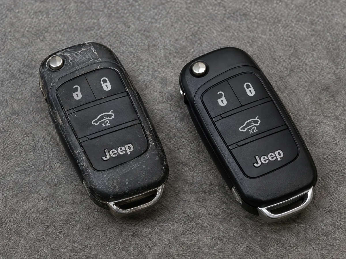 Worn Jeep flip key next to its replacement