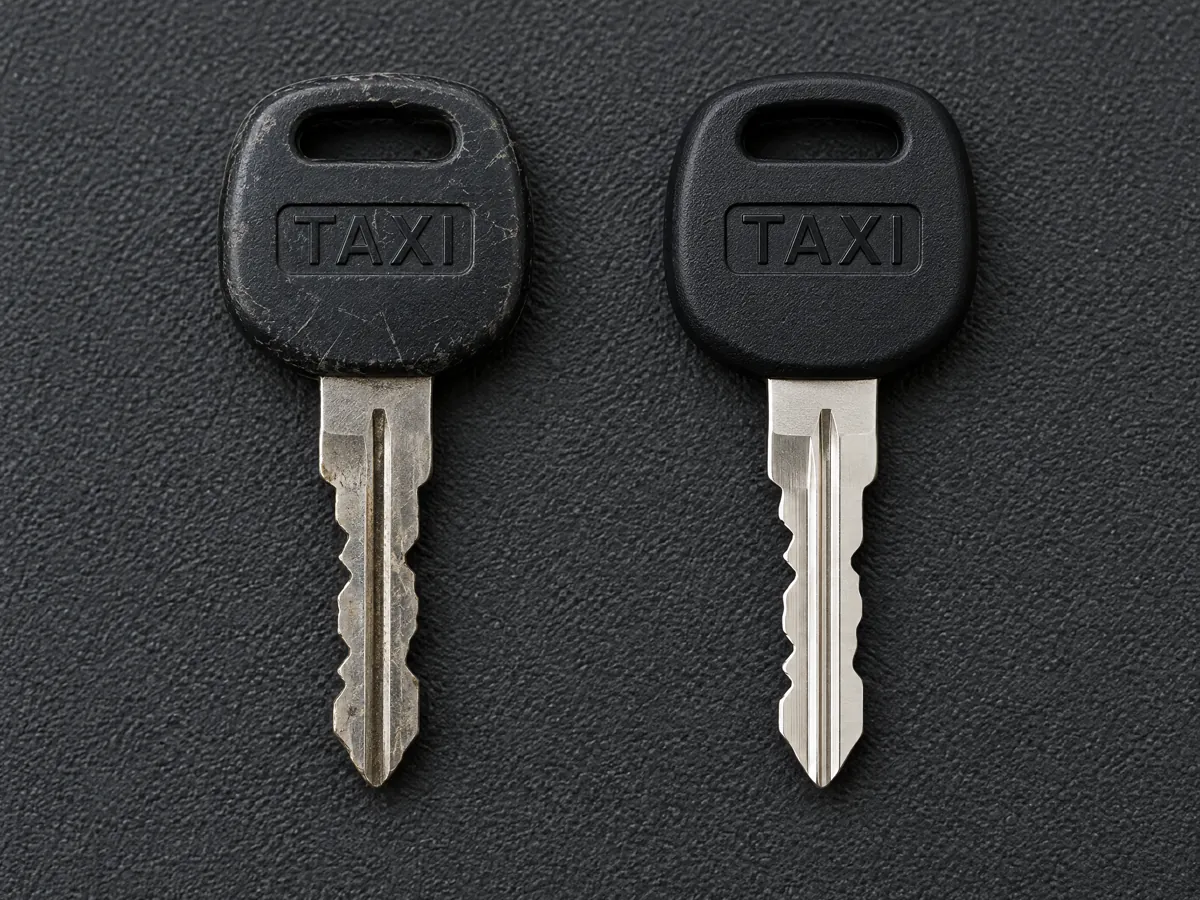 Worn LTI taxi key next to its replacement