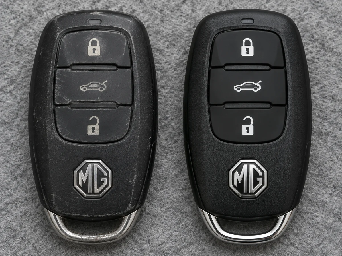 Worn MG remote key next to its replacement