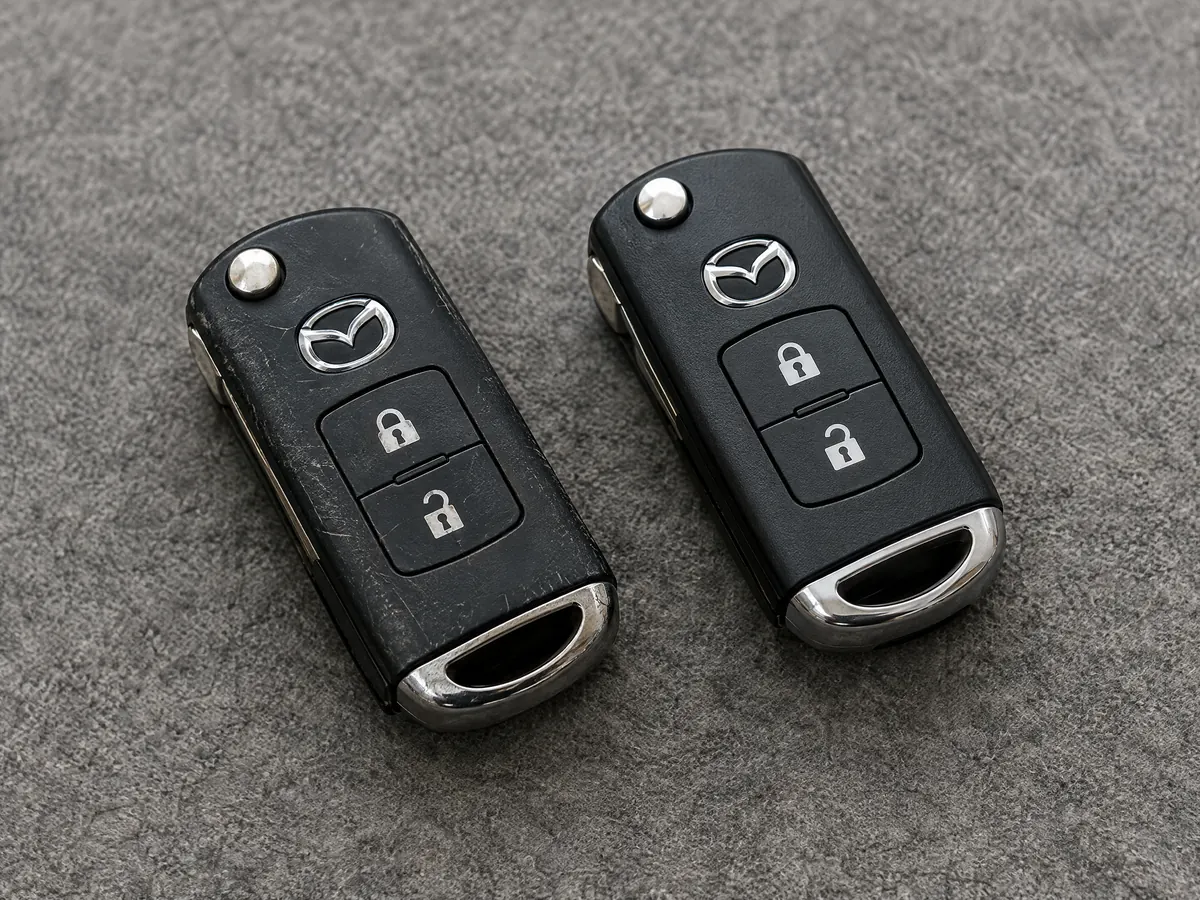 Worn Mazda flip key next to its replacement