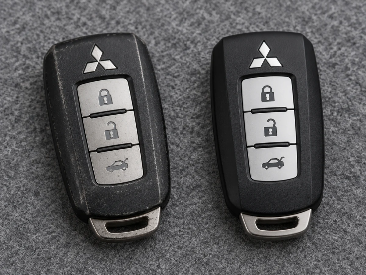 Worn Mitsubishi key next to its replacement