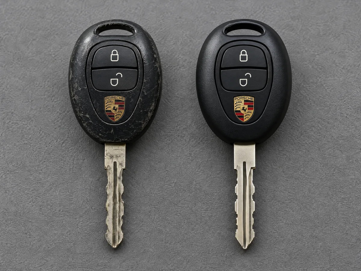 Worn Porsche 996 key case next to its replacement