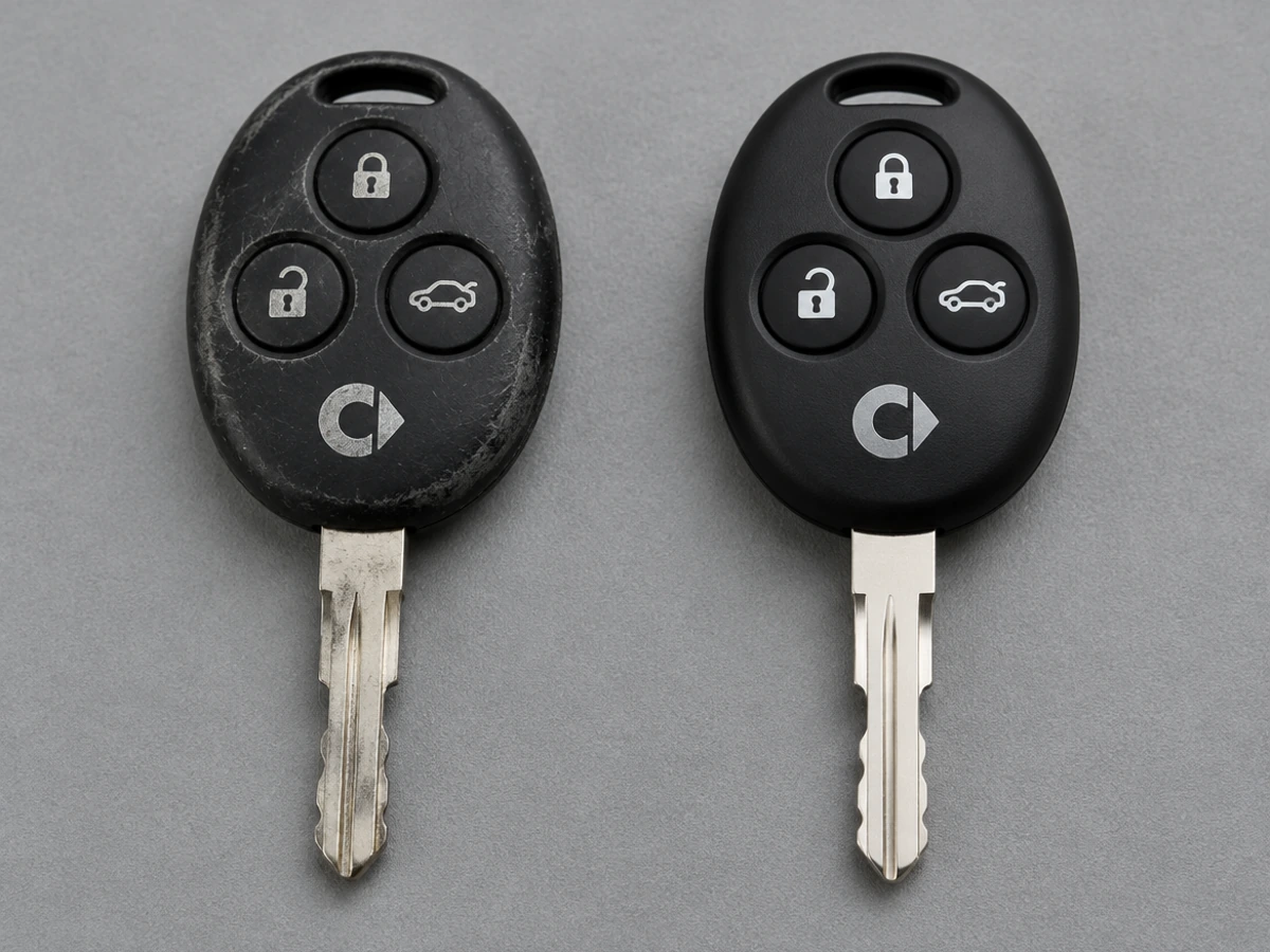 Worn Smart car key next to its replacement