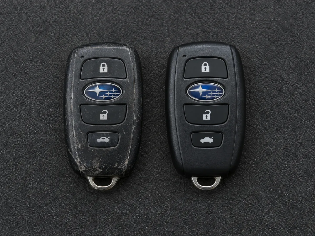 Worn Subaru key next to its replacement