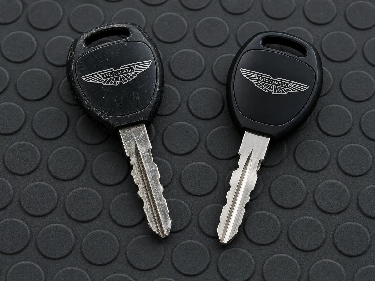 Worn classic Aston Martin key next to a new copy